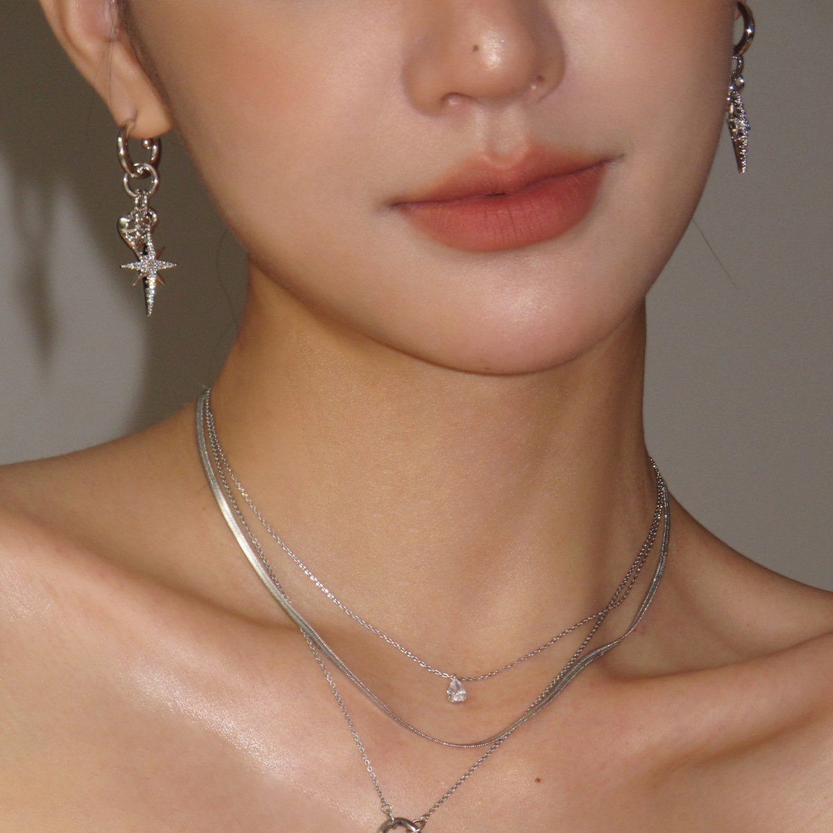 Boonee alus复古轻奢高级感八芒星镶钻爱心耳环夏日小众独特耳环