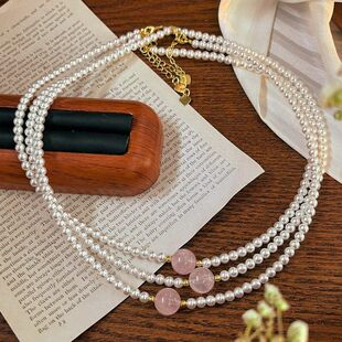 正圆强光仿澳白施家珍珠项链天然粉晶水晶珠锁骨链