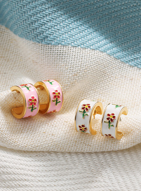 欧美出口版18k金复古花朵滴油C形耳环小红花清新珐琅耳钉vintage