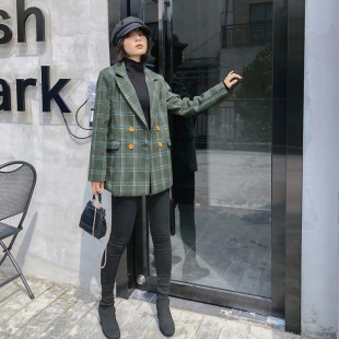 冬季格子西服外套女复古港风加厚毛呢小西装双排扣设计感小众气质