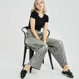 欧洲站亮银灰色松紧高腰百褶直筒阔腿裤 宽松休闲薄款长裤子女