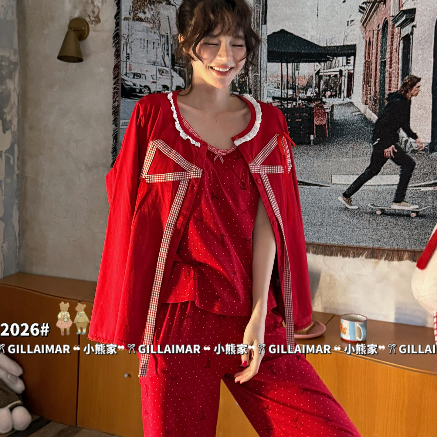 Gill Aimar小熊家睡衣女甜美蝴蝶结花边吊带开衫三件套家居服套装