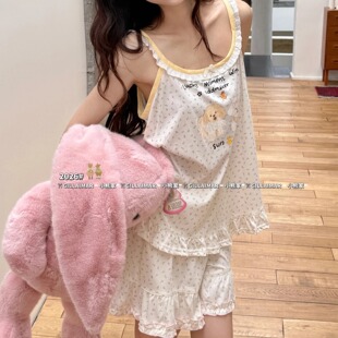 小熊家睡衣女夏季甜美花边清新碎花短裤可外穿家居服背心套装8621