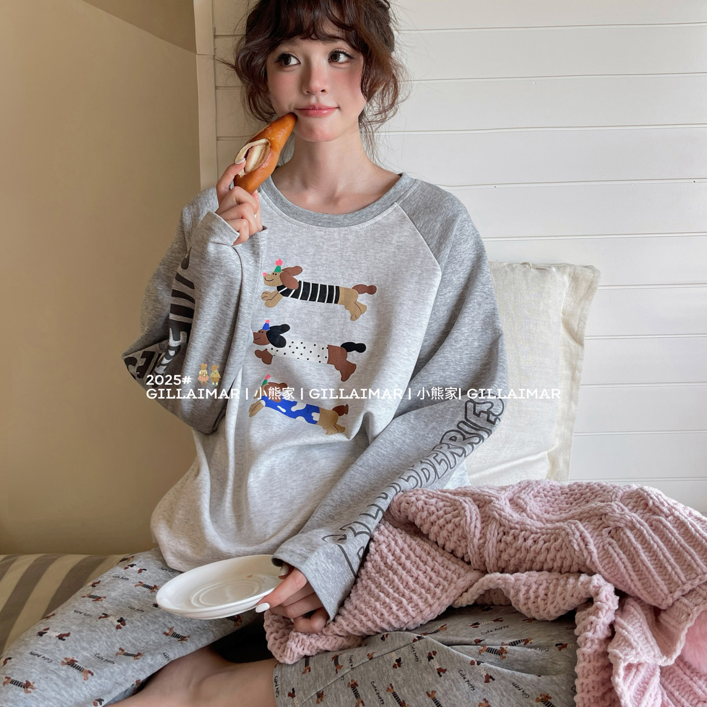 Gill Aimar小熊家睡衣女2025秋季可爱卡通小狗长袖长裤家居服套装