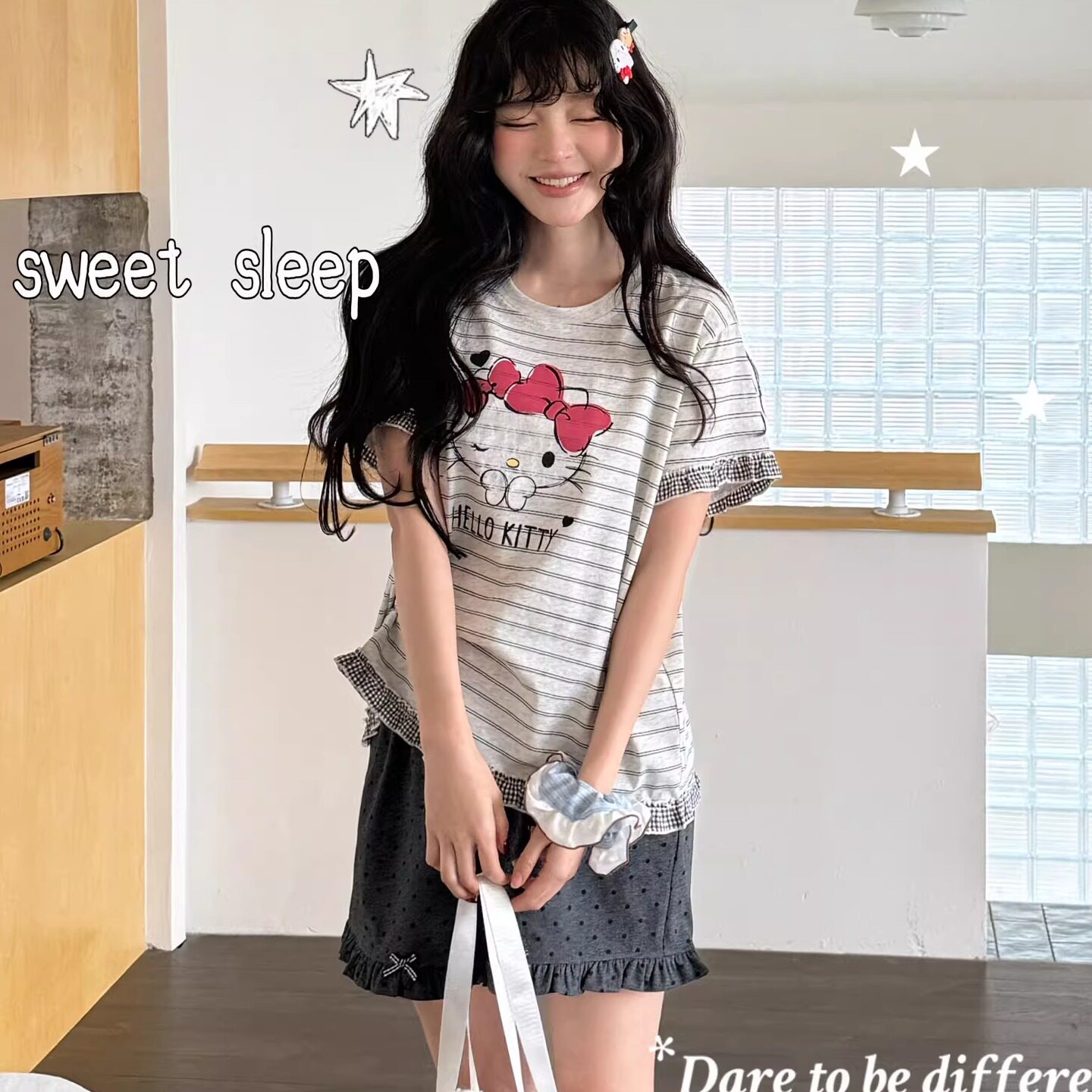 小熊家甜睡之旅睡衣女生夏季甜美条纹短袖花边短裤家居服套装7127