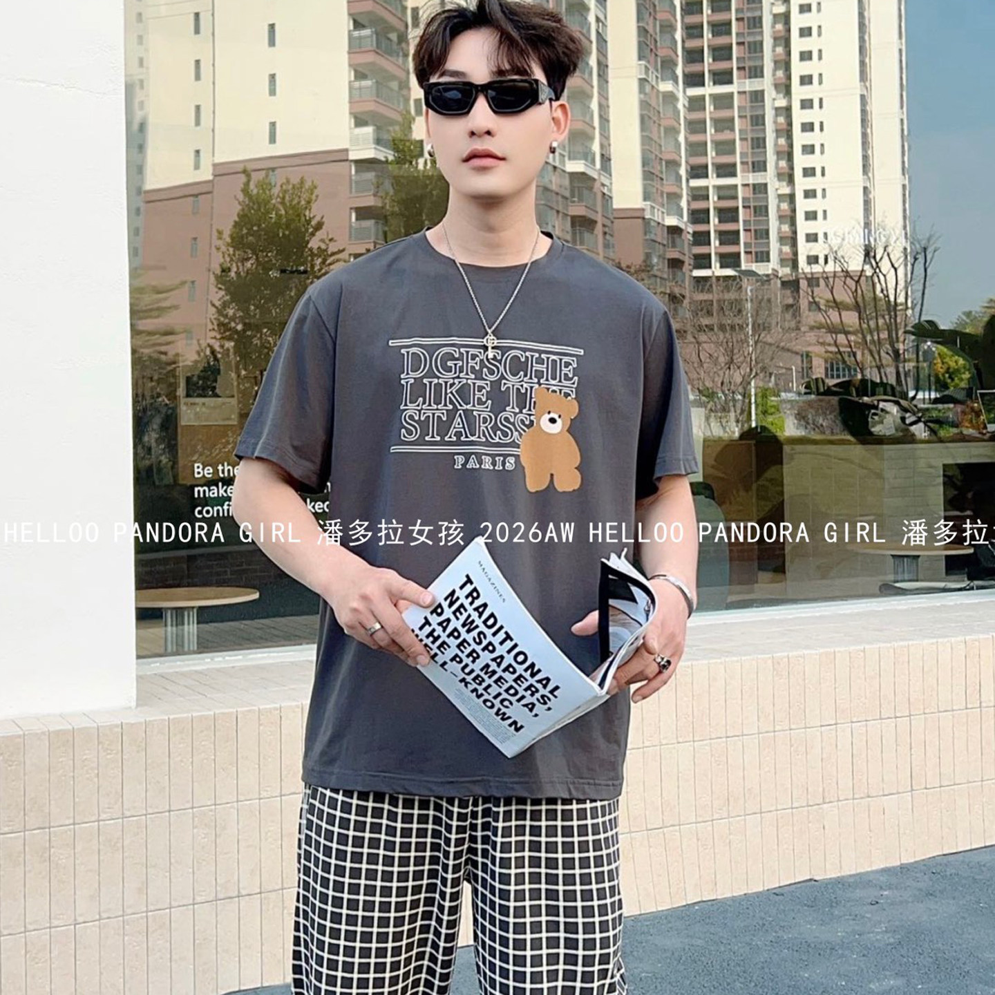 纯棉睡衣男款夏季短袖长裤薄款字母小熊格子裤圆领家居服套装6665