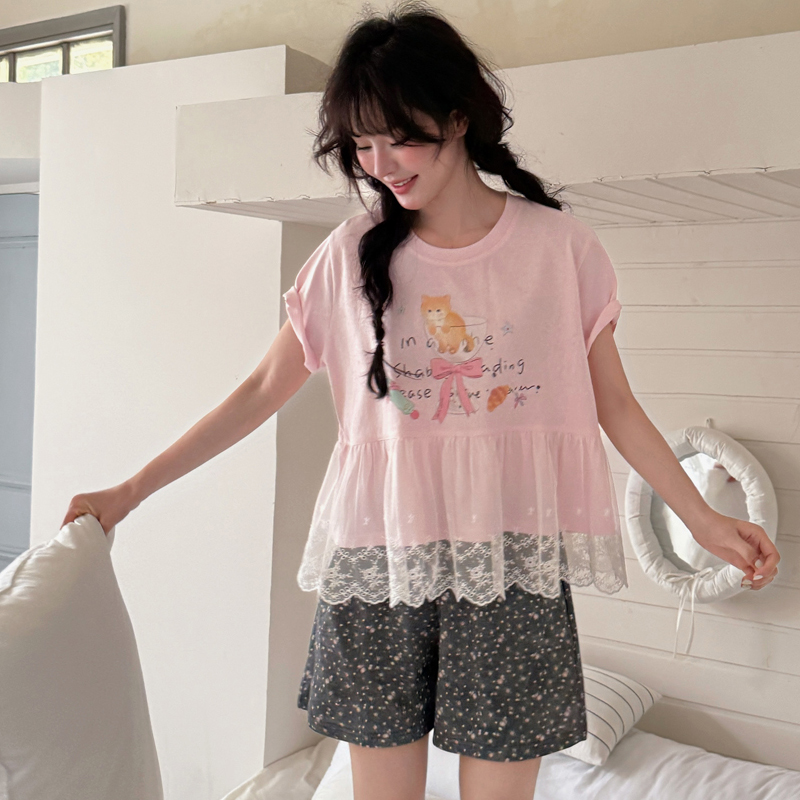 Gill Aimar小熊睡衣家居服夏季蕾丝花边娃娃衫碎花短裤居家服套装