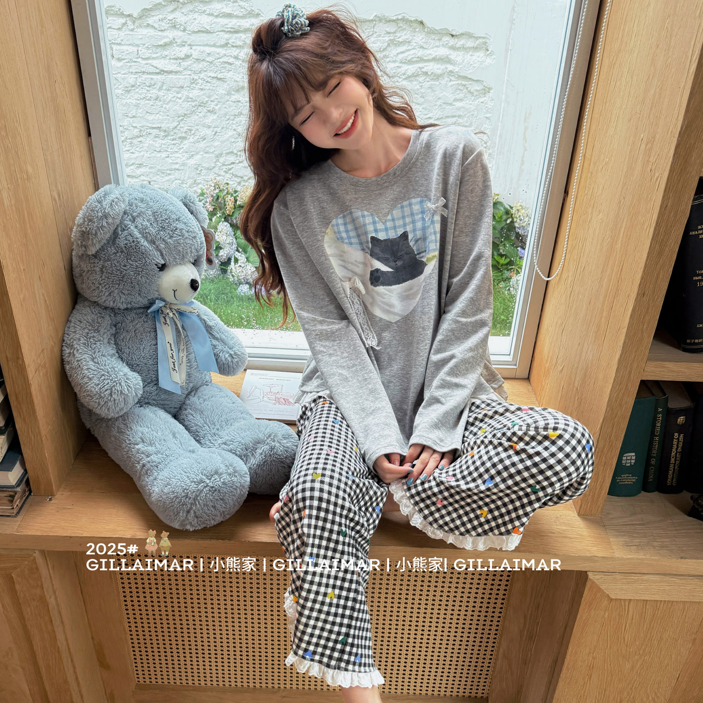 Gill Aimar小熊家睡衣女2025秋季新品爱心小猫长袖长裤家居服套装