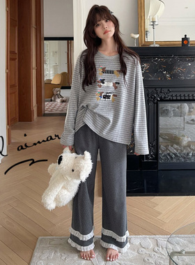 Gill Aimar小熊家睡衣女秋季长袖卡通腊肠小狗波点条纹家居服套装