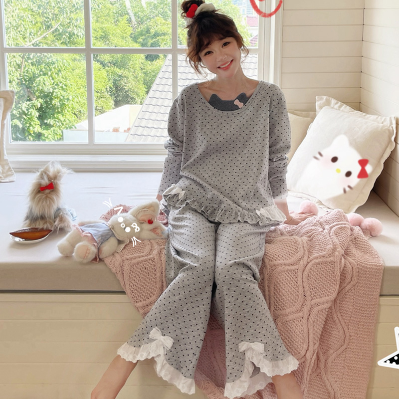 Gill Aimar小熊家家居服秋季长袖可爱卡通圆点小猫蝴蝶结睡衣套装