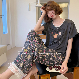 小熊家家居服睡服春季 女 新品 甜美蕾丝花边爱心小熊睡衣居家服套装
