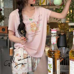 甜美性感蕾丝花边睡衣套装 Gill 薄款 Aimar家居服小熊家春季 女 短袖