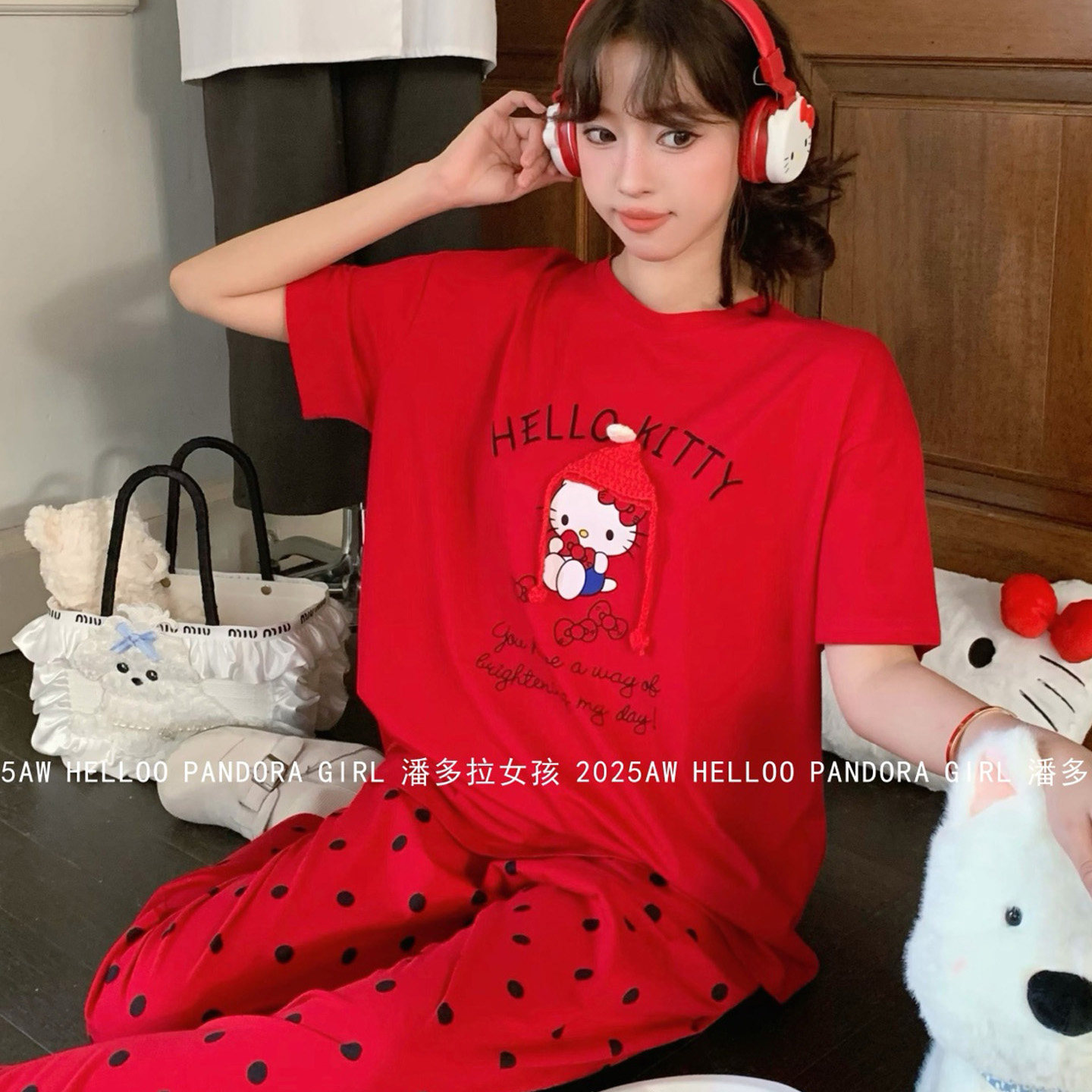 潘多拉女孩短袖长裤红色本命年睡衣卡通圆点裤家居服套装夏 26070