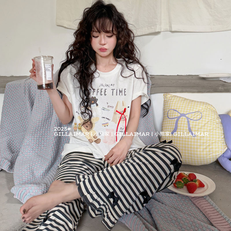 Gill Aimar小熊家家居服可爱卡通条纹蝴蝶结小熊居服家睡衣套装女