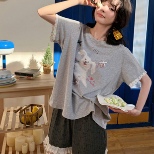 Gill Aimar小熊睡衣家居服夏季短袖短裤条纹线条小狗可外穿套装女