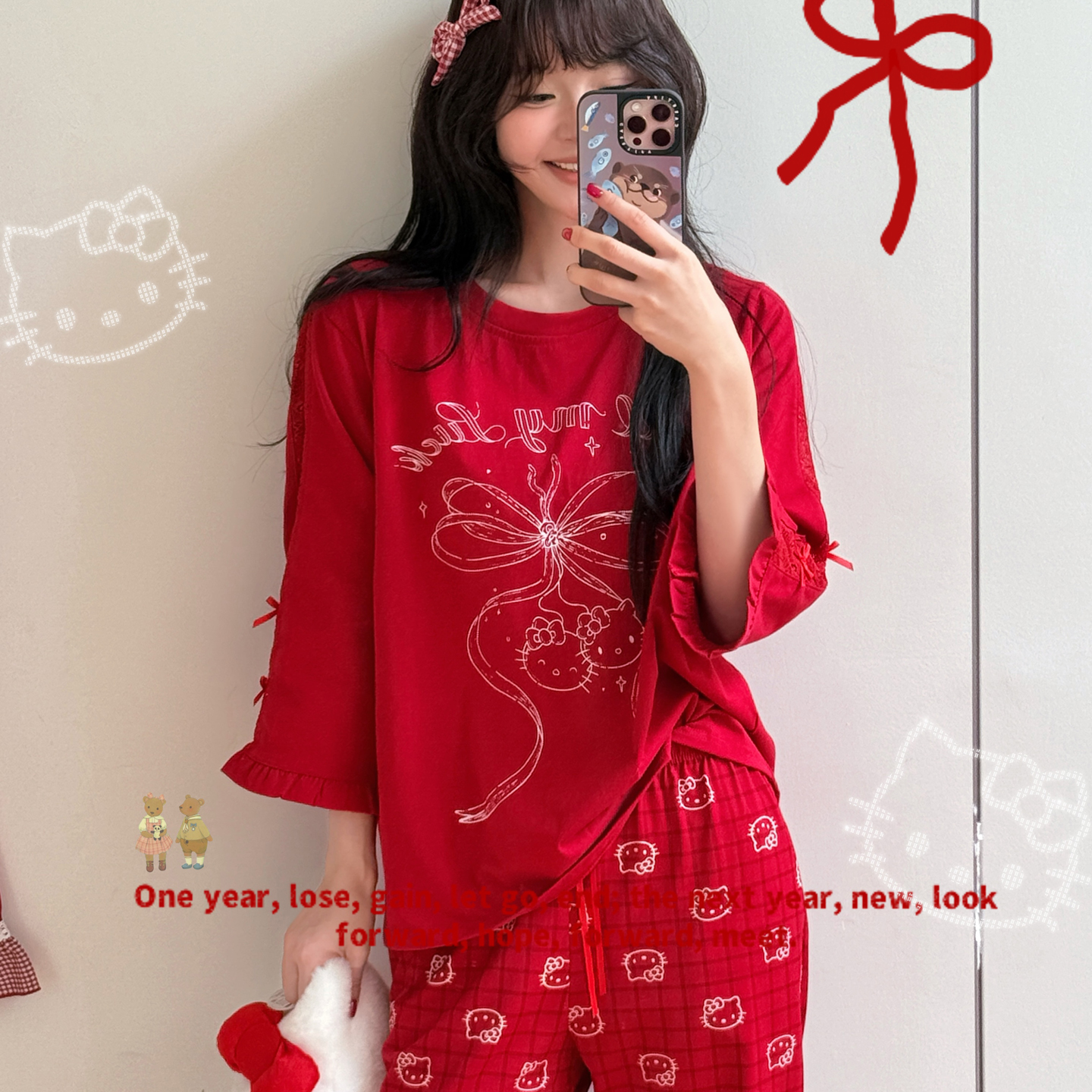 Gill Aimar小熊家睡衣女甜美花边樱桃KT红色可外穿棉质家居服套装