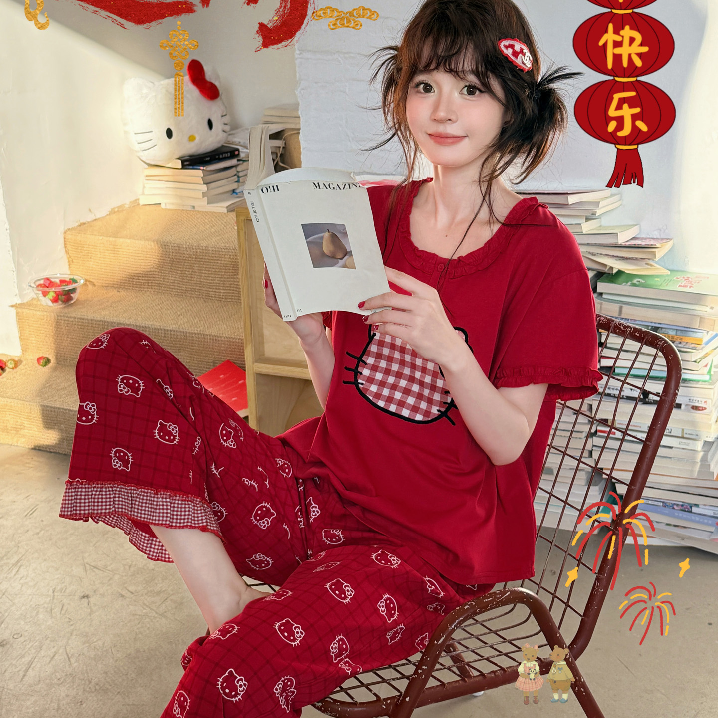 GillAimar小熊家红色睡衣女套装