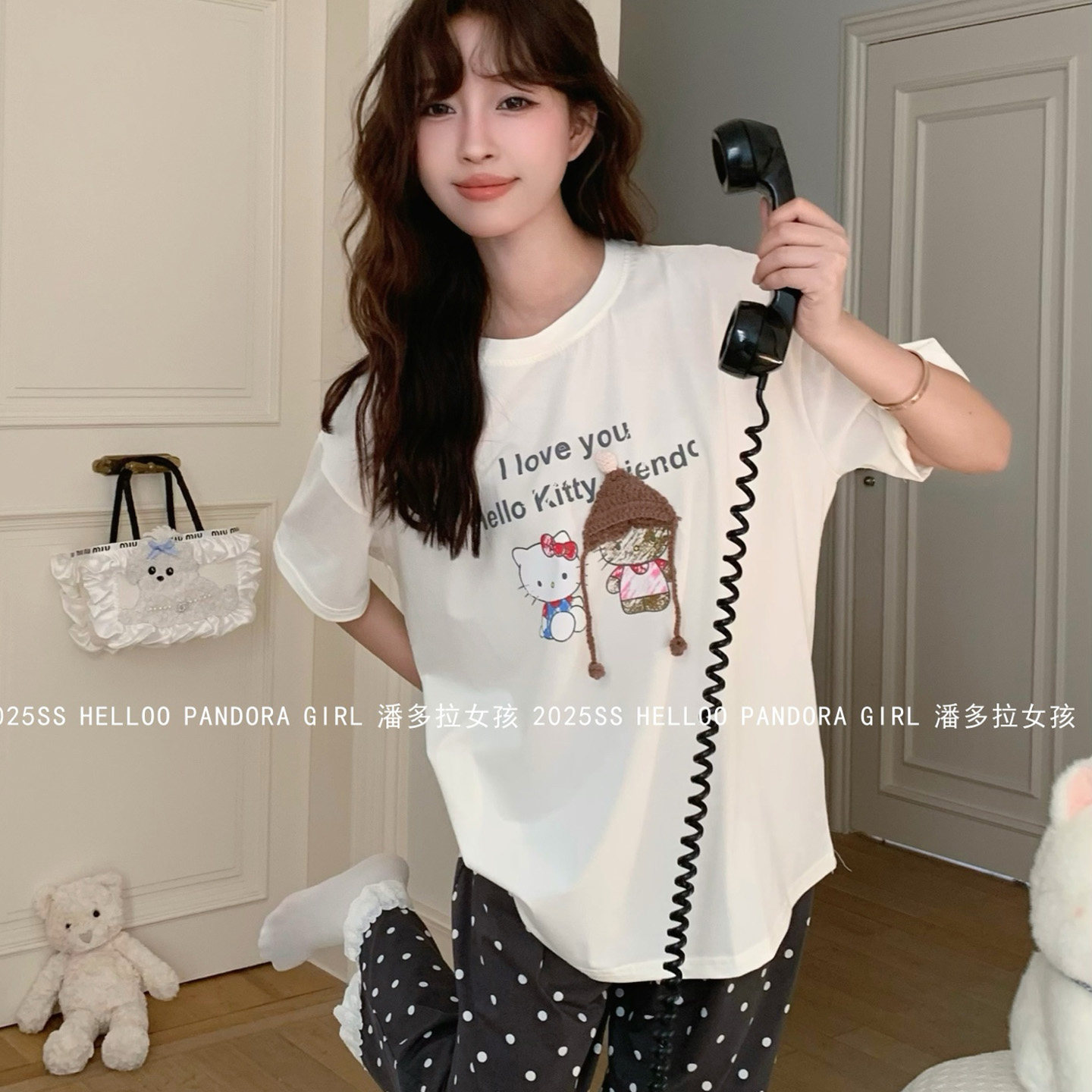 潘多拉女孩夏季短袖长裤薄款纯棉睡衣花边圆点裤家居服套装 26018