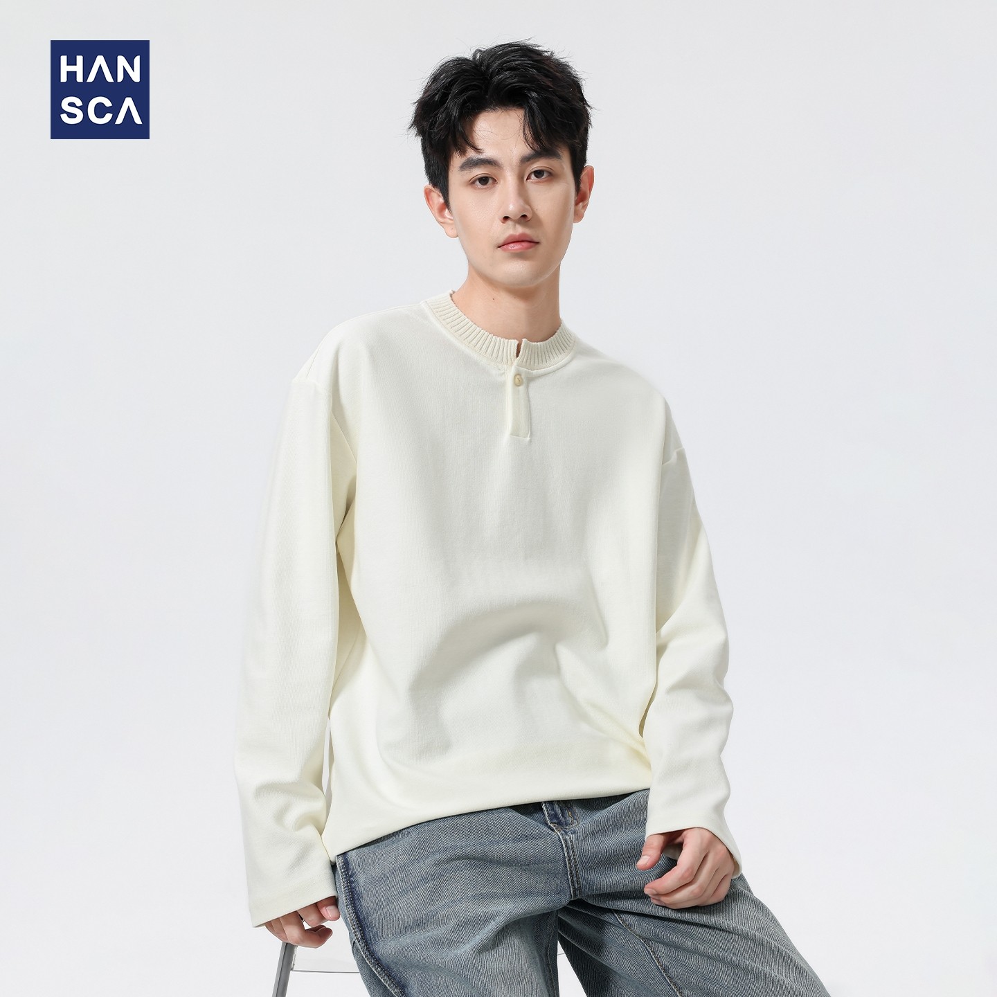 hansca 重磅360g亨利领宽松长袖t恤男秋季2025新款针织内搭打底衫,男装,T恤,淘宝优惠券,粉丝福利购,淘宝优惠卷