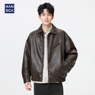hansca90白鸭绒皮夹克翻领羽绒服男冬季美式复古宽松休闲机车外套