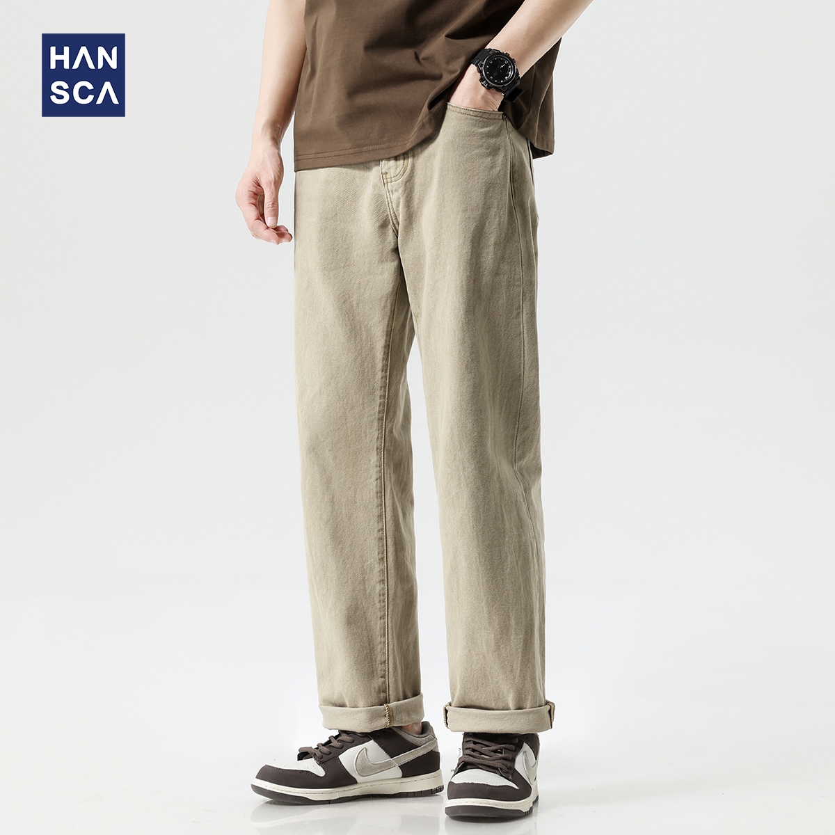 hansca纯棉百搭直筒牛仔裤男春季