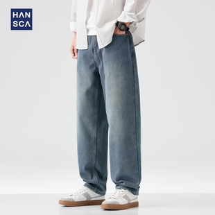 复古水洗宽松直筒保暖裤 新款 子 男2024年冬季 hansca蓝色加绒牛仔裤