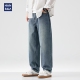hansca蓝色加绒牛仔裤 子 复古水洗宽松直筒保暖裤 男2024年冬季 新款