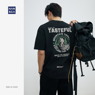 美式 t恤男夏季 潮牌印花宽松黑色上衣 280g纯棉刺绣圆领短袖 hansca