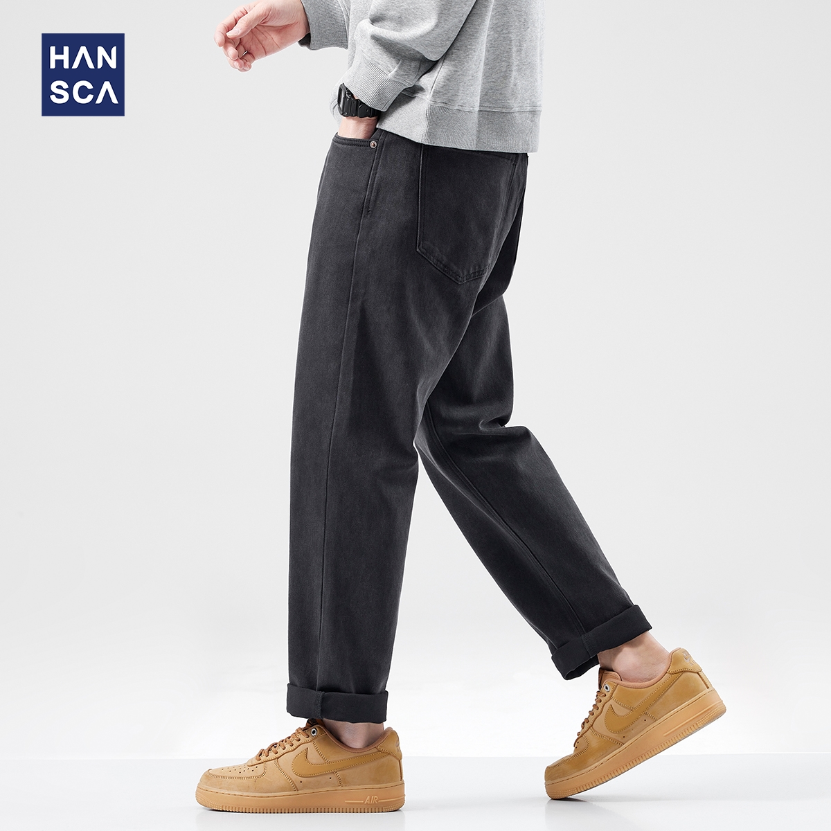 hansca墨灰宽松直筒牛仔裤男2024