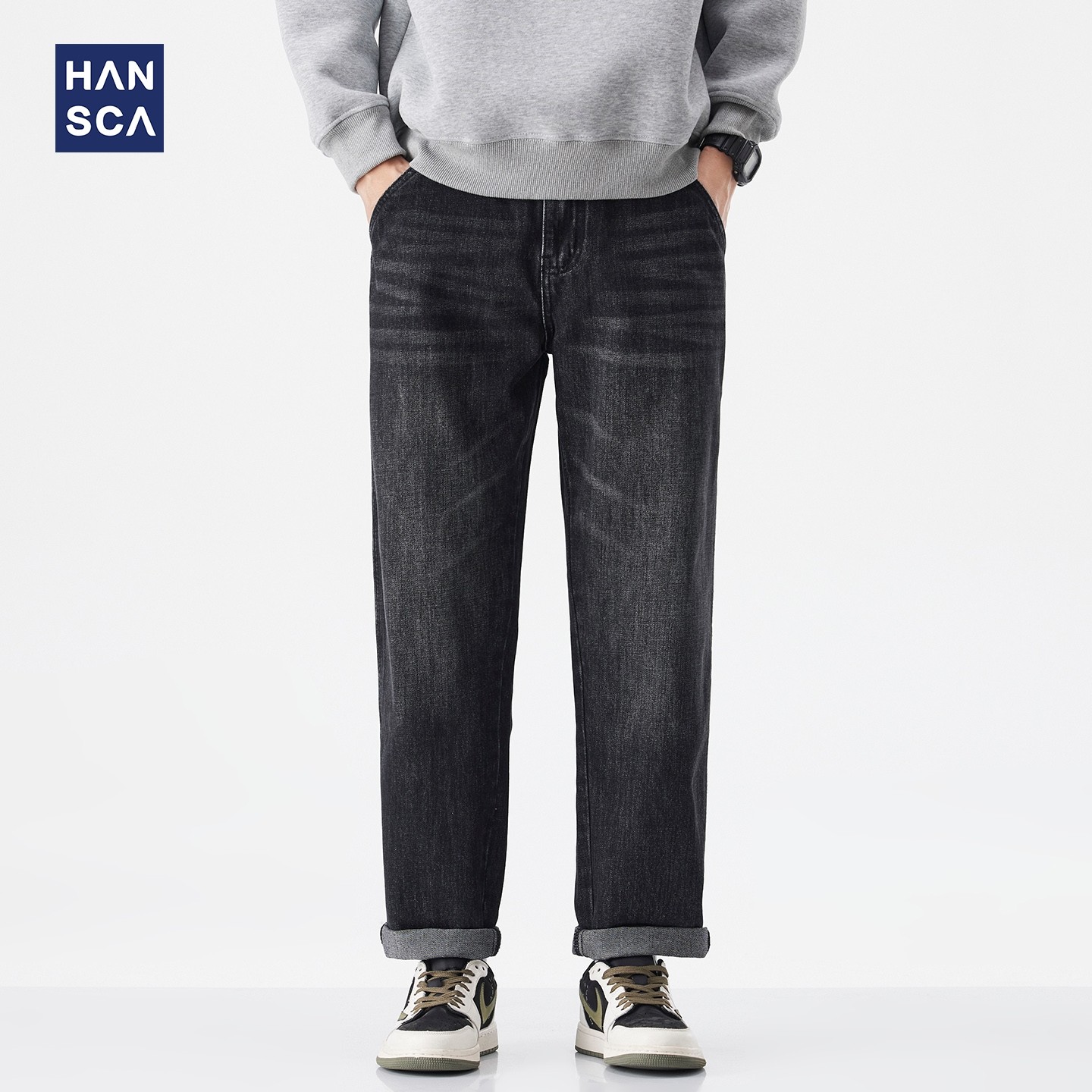hansca黑色牛仔裤男士2025秋季新款哈伦裤宽松直筒美式复古长裤子,男装,牛仔裤,淘宝优惠券,粉丝福利购,淘宝优惠卷