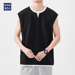 打底衫 纯色百搭撞色拼接无袖 美式 hansca假两件运动背心男2025夏季
