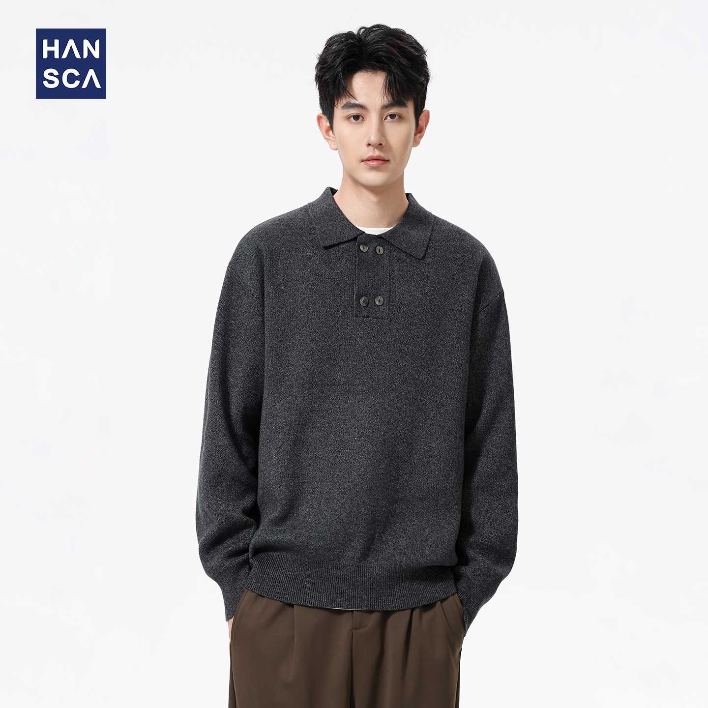 hansca570g双排扣翻领针织毛衣男