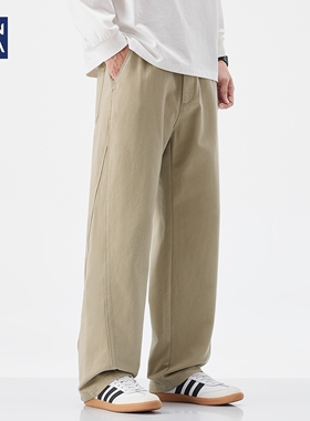 hansca秋季卡其色直筒休闲裤男320g重磅柔软纯棉宽松大码拼接长裤