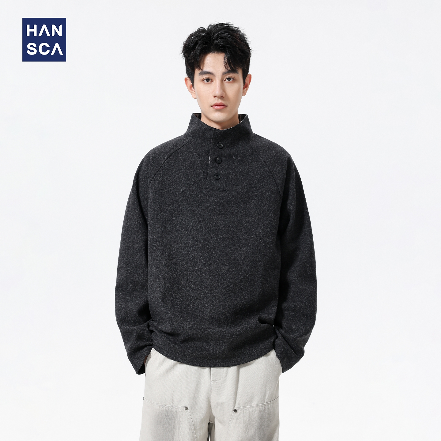 hansca秋季410g毛呢插肩长袖t恤