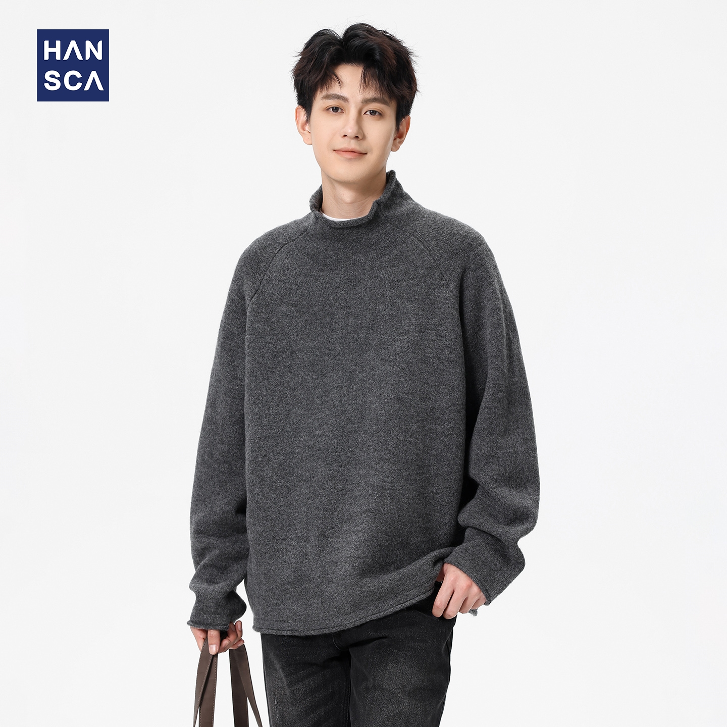 hansca秋季宽松高领卷边针织毛衣