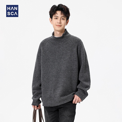 hansca秋季宽松高领卷边针织毛衣