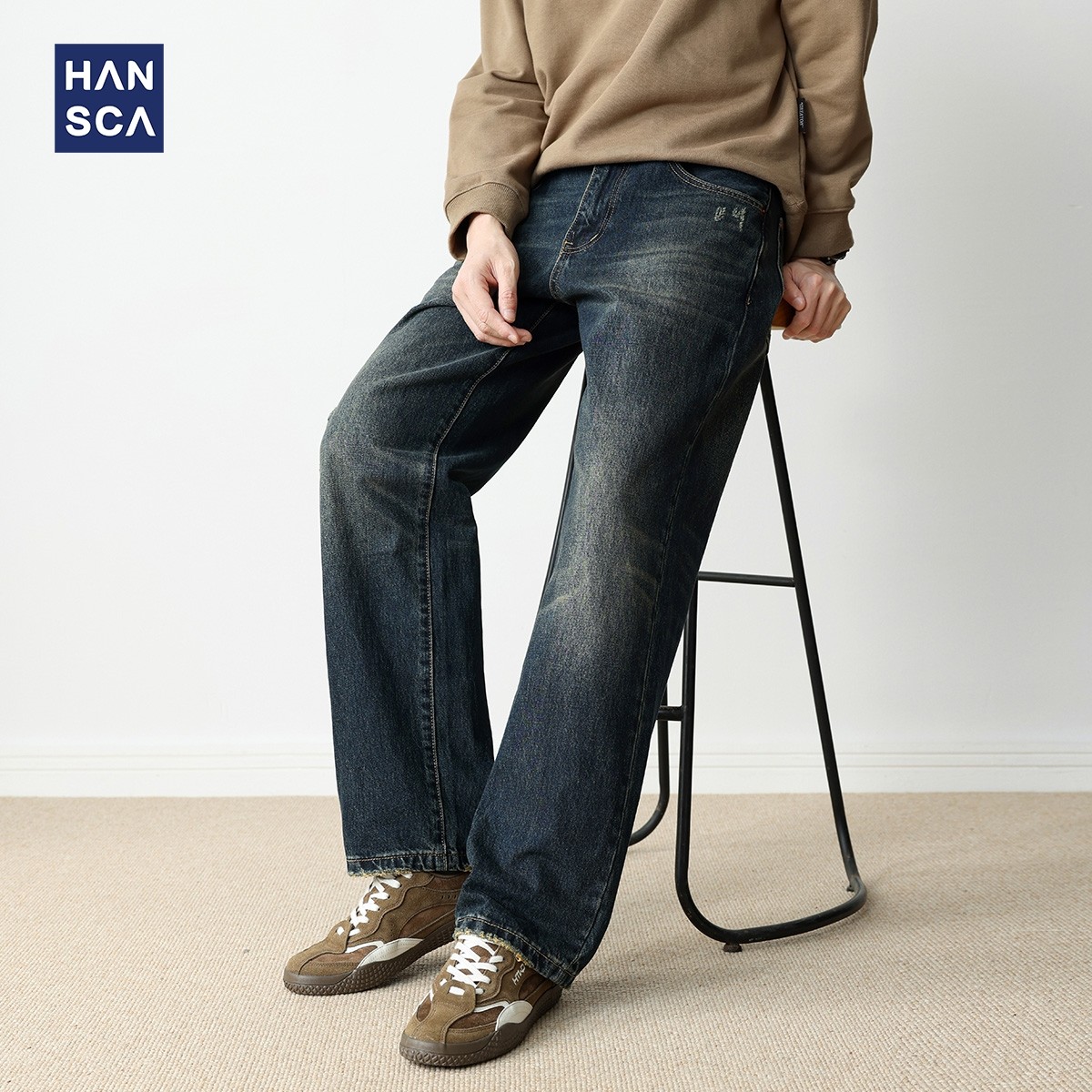 hansca直筒复古深蓝牛仔裤男秋宽松水洗做旧2025秋季阔腿休闲长裤