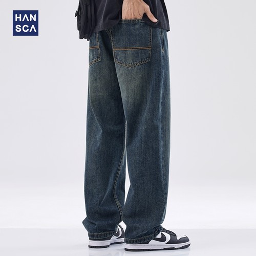 hansca直筒宽松牛仔裤男2026春秋美式高街复古水洗大码阔腿休闲裤