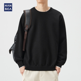 慵懒针织衫 hansca重磅毛织棉假两件圆领黑色毛衣男2025新款 秋冬款
