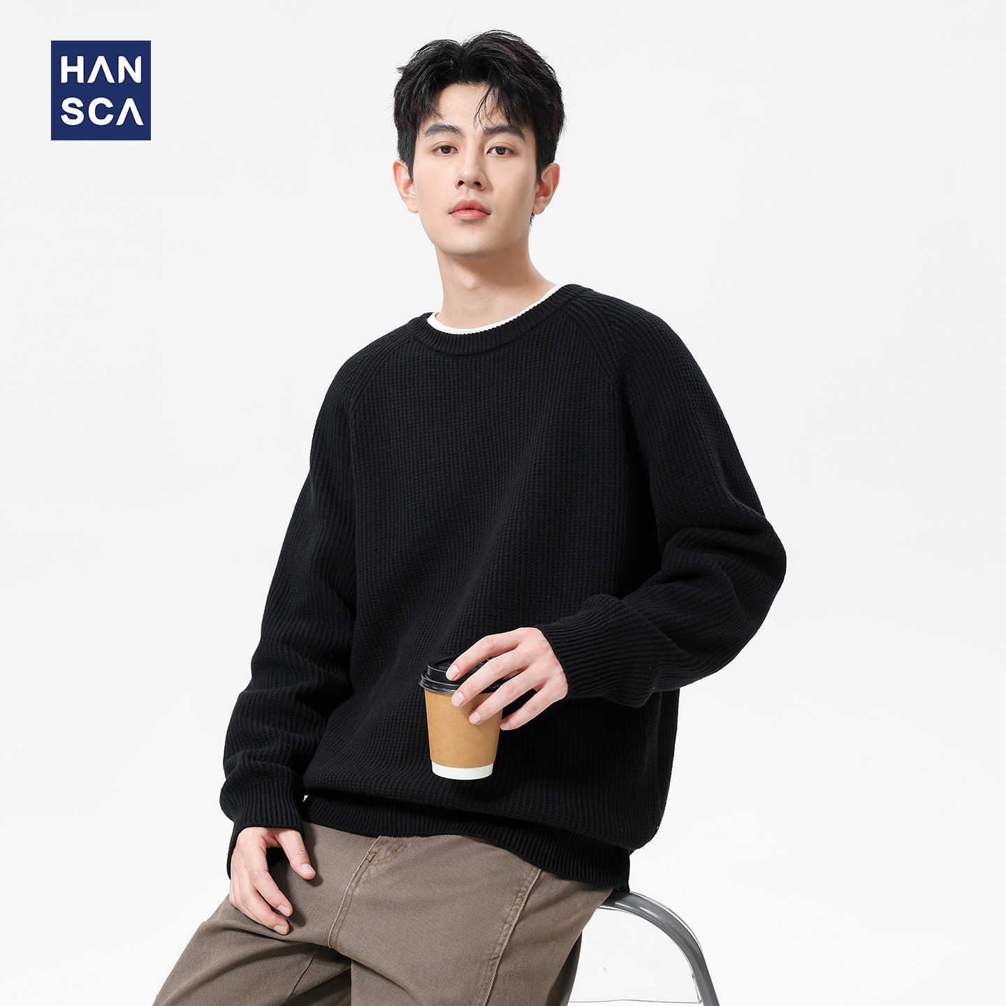 hansca棉膨重磅圆领黑色毛衣