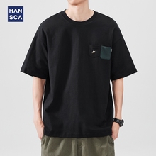 hansca 220g轻薄多口袋短袖t恤男款2025夏季撞色刺绣休闲纯棉上衣