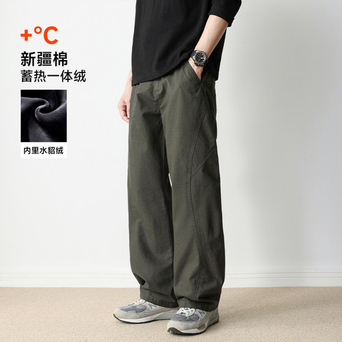 hansca格纹肌理复古军绿休闲裤男