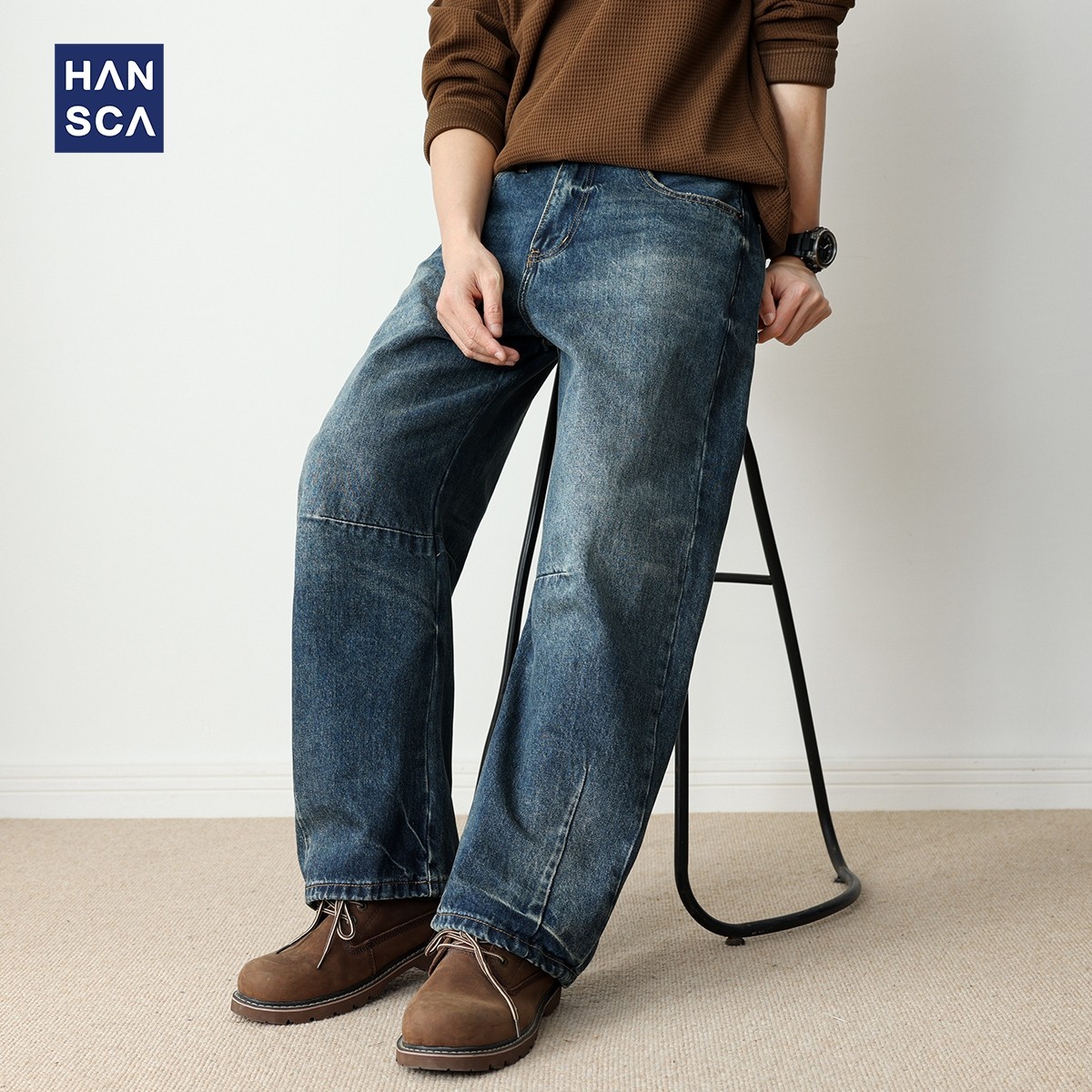 hansca直筒宽松拼接阔腿深蓝色牛仔裤男2025新款秋季复古美式长裤
