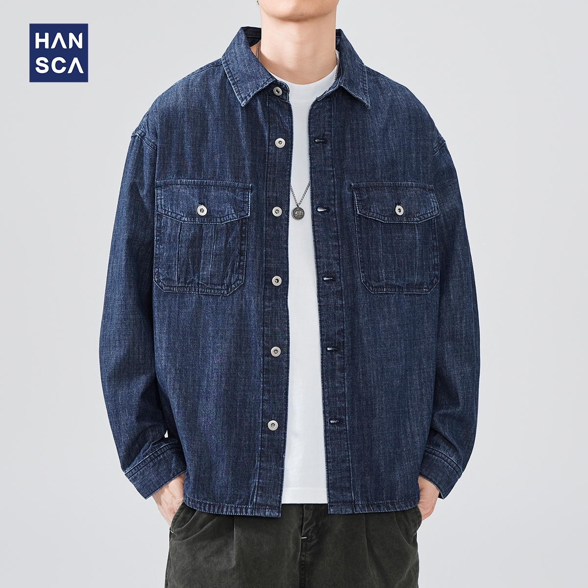 hansca复古长袖牛仔衬衫男2025年春季水洗做旧耐磨青少年衬衣外套