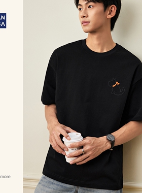 hansca230g纯棉黑色圆领短袖t恤男春夏款宽松大码透气半袖打底衫