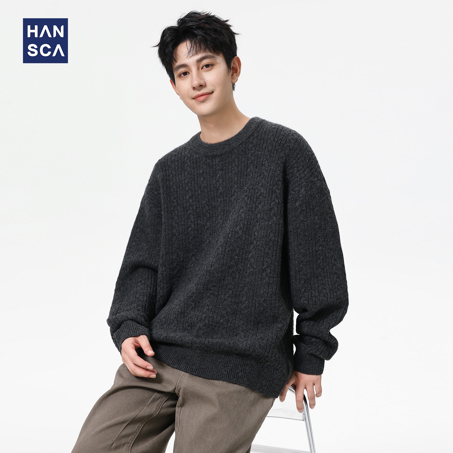 hansca复古麻花肌理深灰色套头毛衣男秋冬季宽松慵懒风圆领针织衫