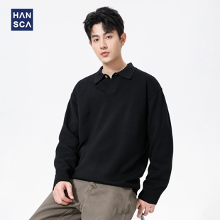 宽松休闲保暖针织衫 hansca480g蚕丝羊毛黑色翻领毛衣男秋冬季 新款