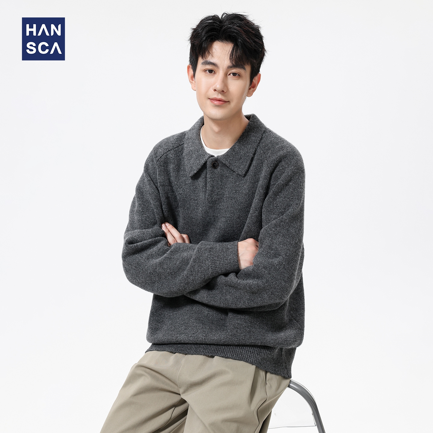 hansca550g仿牛绒宽松翻领毛衣男