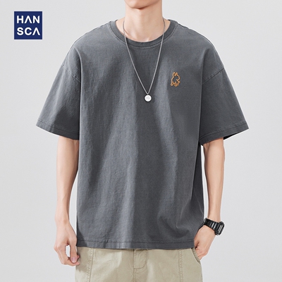 hansca夏季重磅纯棉短袖T恤刺绣