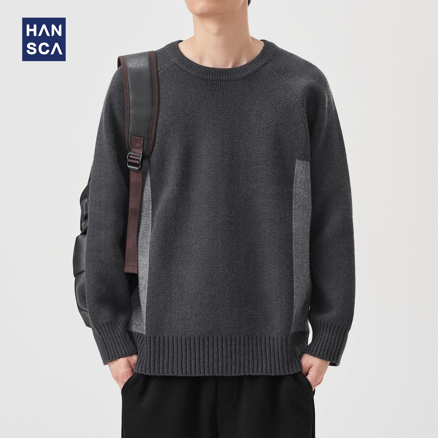 hansca810g重磅复古撞色圆领毛衣